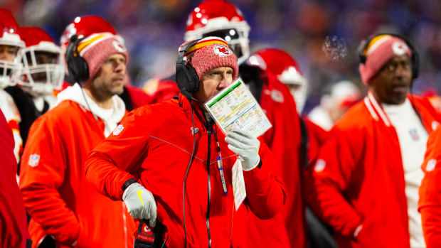 Jan 21, 2024; Orchard Park, New York, USA; Kansas City Chiefs defensive coordinator Steve Spagnuolo during the first half for the 2024 AFC divisional round game at Highmark Stadium. Mandatory Credit: Mark J. Rebilas-USA TODAY Sports  